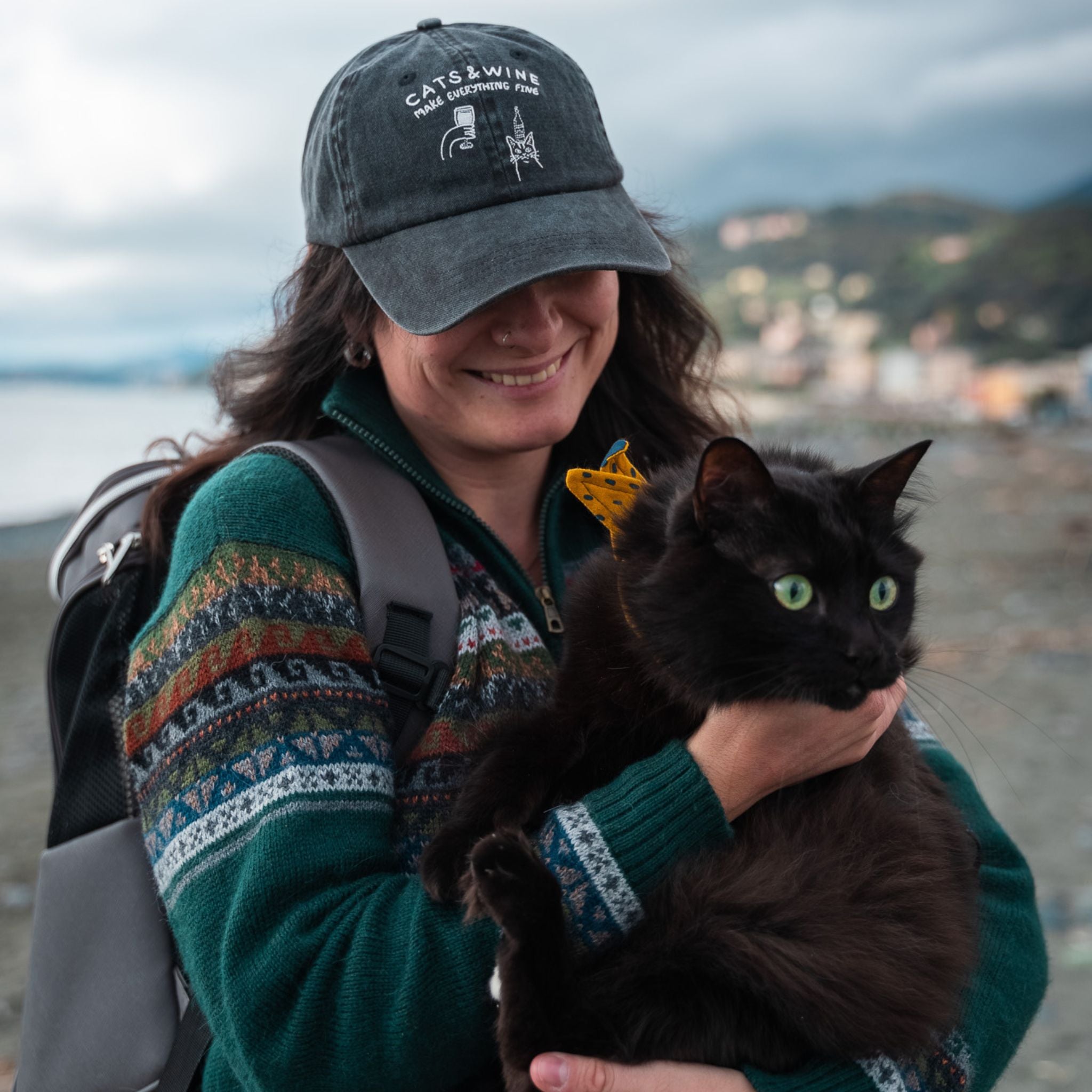 Black Denim Cap - Logo "Cats & Wine Make Everything Fine"